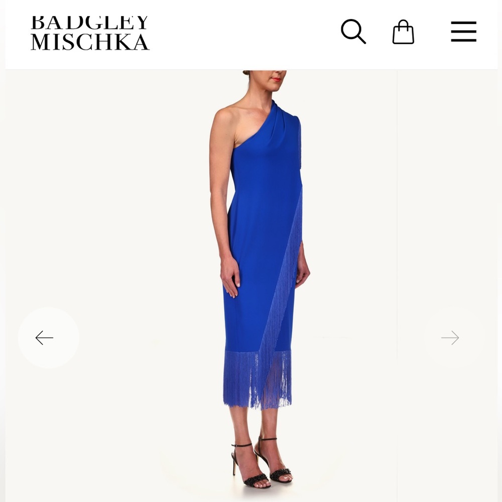 Badgley Mischka Crepe One-Shoulder Fringe Cocktail Dress NWT Size 0 Cobalt Blue